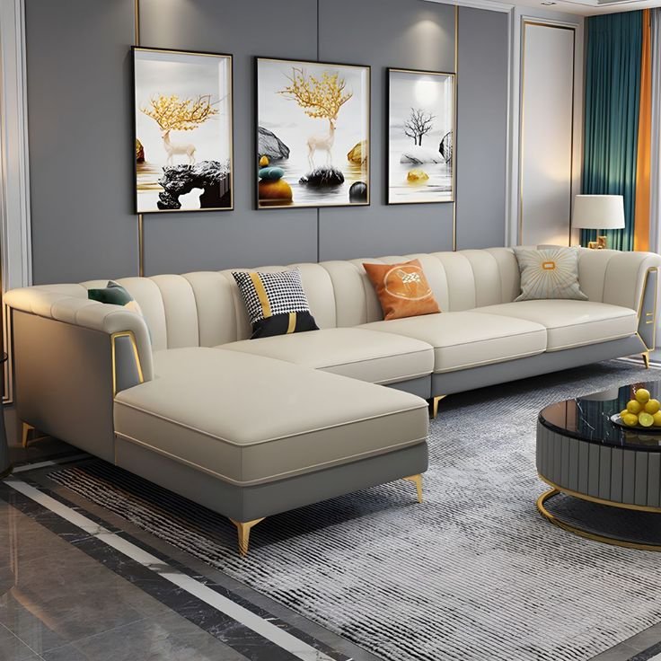 Low modular cream sofa with thick seat cushions made in Ghaziabad