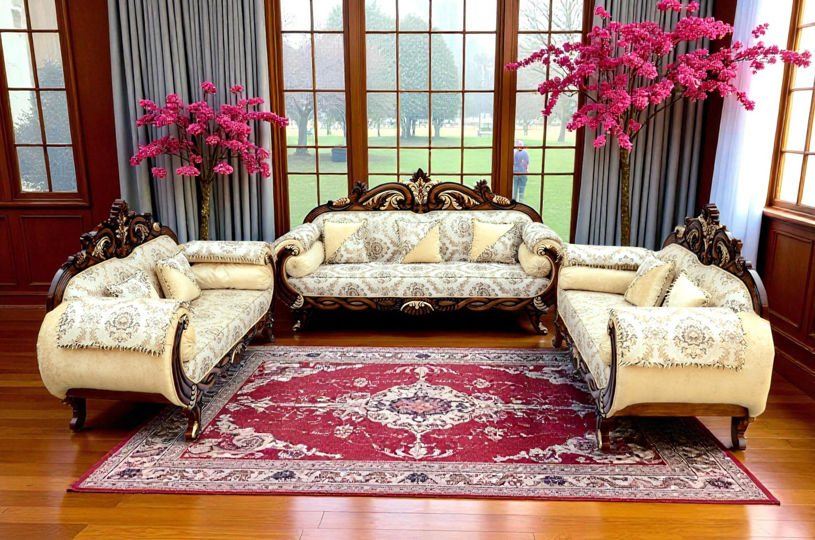 Polished wooden sofa with floral fabric upholstery in Ghaziabad