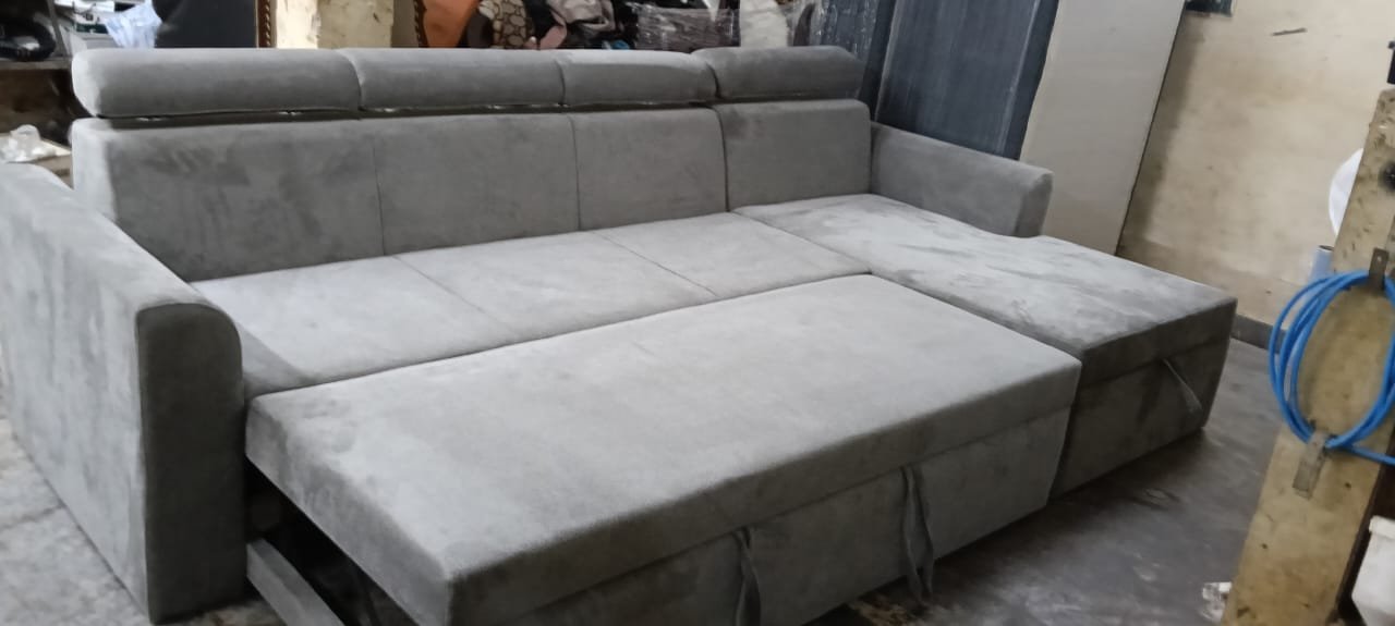 Low modular cream sofa with thick seat cushions made in Ghaziabad