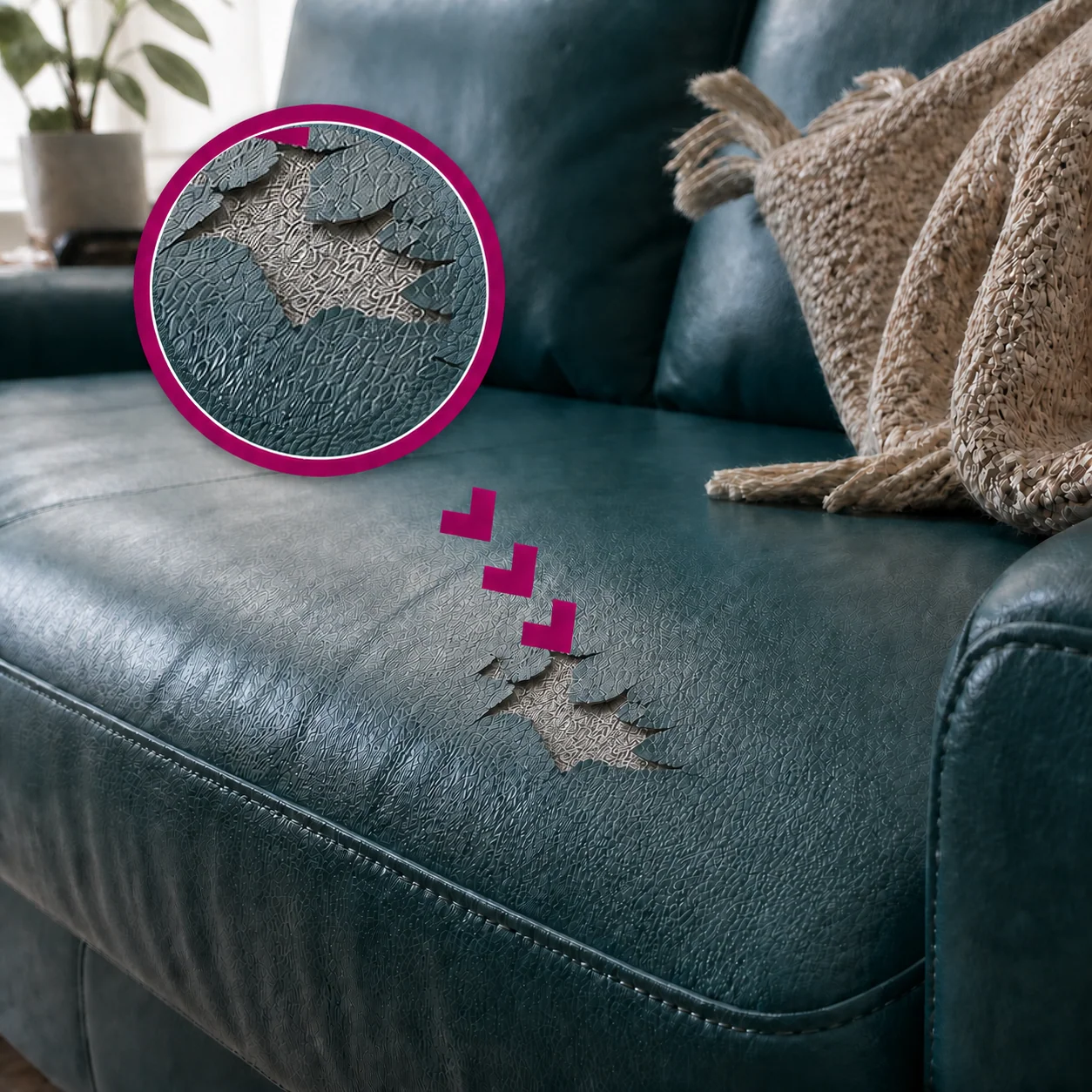 Craftsman repairing a scratched brown leather sofa seat