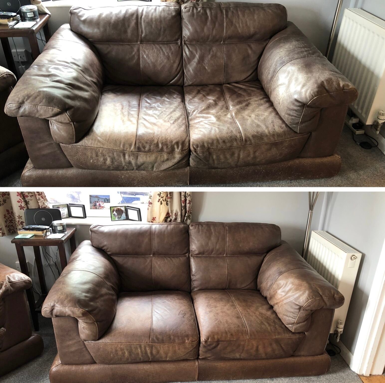 Cream and grey leather L-shaped sofa with channel back and gold legs