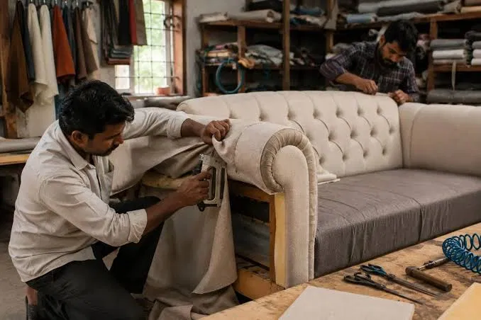 Wooden armchairs with red cushion upholstery re-covered in Ghaziabad